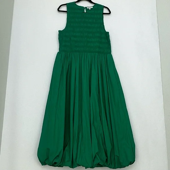 Madewell Melody Bubble Hem Smocked Midi Dress in Verdant Green Poplin |XL| NWT - Picture 2 of 15